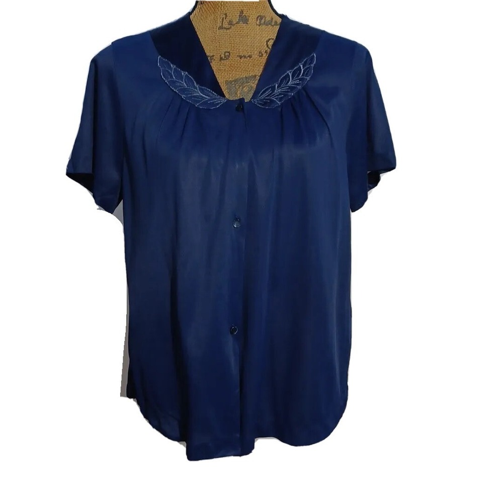 VTG Vassarette Pajama Top MED Midnight Blue Satin Night Shirt‎ Lounge Comfy USA